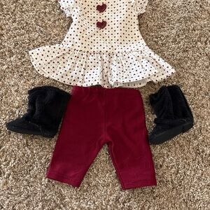 Heart Print Dress Set with Burgundy Leggings and Boots